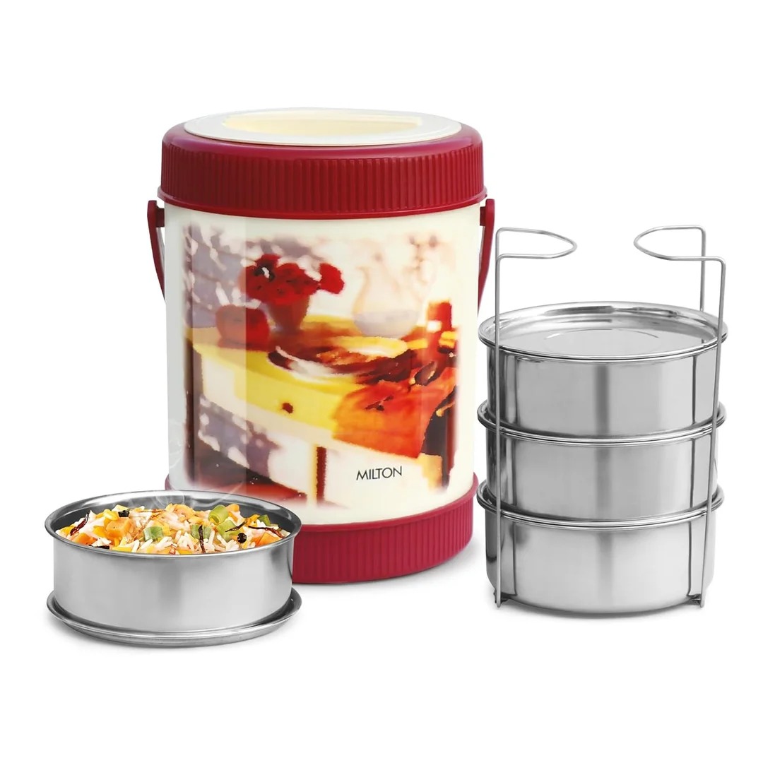 Milton Sheriff Tiffin 4 Stainless Steel Containers | 3 Litres PU Insulated Lunch Box | Hot and Cold Office Tiffin | Easy to Carry Food Grade Outdoor Lunch Carrier Orange image 1