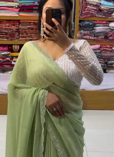 Pale Olive Green Pure Chiffon Saree | soft drape| blouse piece| lightweight party saree thumbnail 0