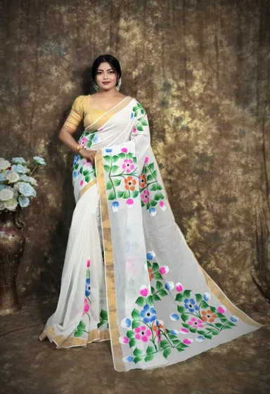 White Kerala Cotton Saree | Hand painted floral art & golden border| Breathable ethnic wear thumbnail 0