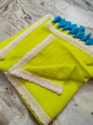 Handcrafted 120 Count Mul Cotton Saree Lime Green with White Lace Border |Running Blouse Piece Light Breathable Summer Ethnic Drape Traditional Indian Wear thumbnail 0
