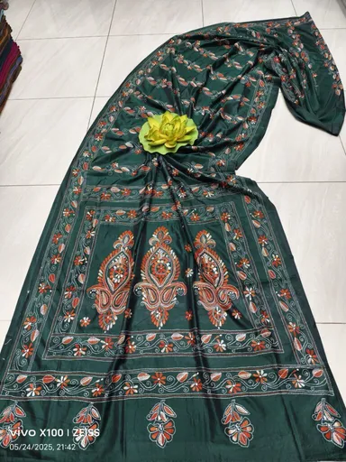Bottle Green Assam Silk Kantha Stitch Saree Handcrafted Wedding Silk Saree with Intricate Hand Embroidery Bridal Festive Ethnic Wear thumbnail 0