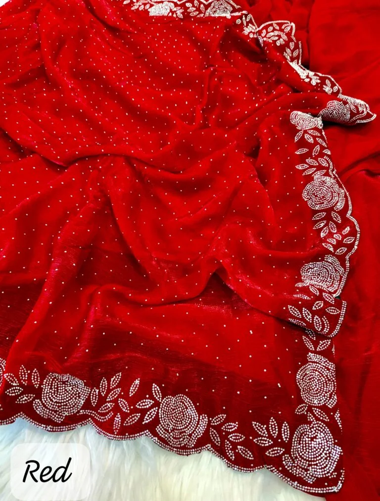 Crimson Elegance Bridal Red Satin Georgette Saree with Stone Work Luxury Indian Wedding Festive Party Wear Lightweight Designer Saree image 1