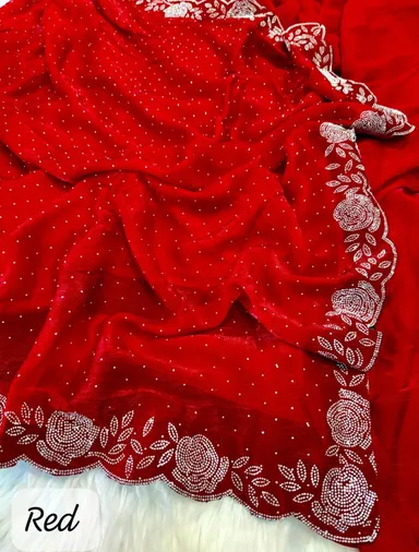 Crimson Elegance Bridal Red Satin Georgette Saree with Stone Work Luxury Indian Wedding Festive Party Wear Lightweight Designer Saree thumbnail 0