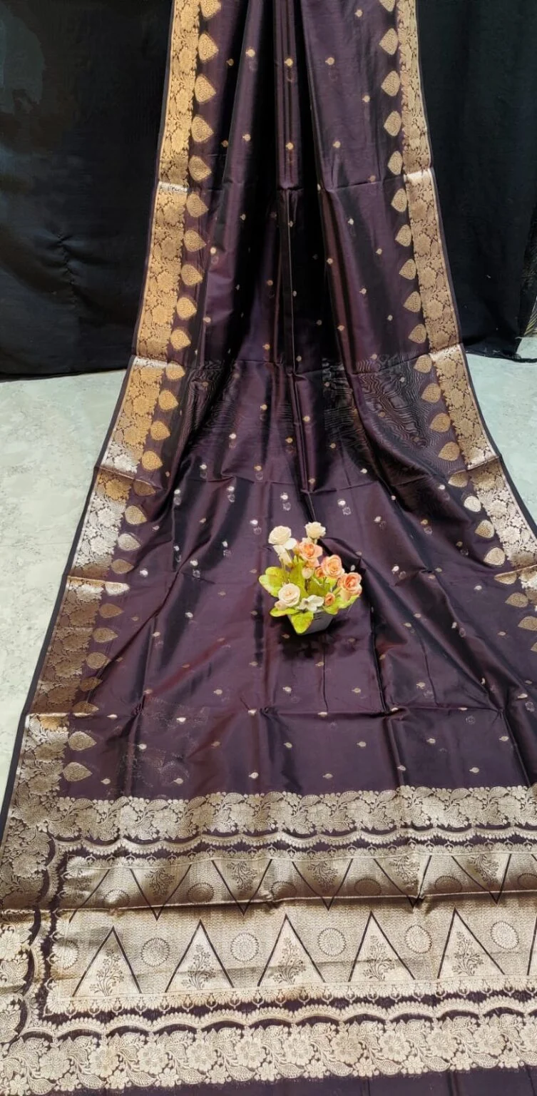 Dark Brown Handcrafted Monipuri Resham Silk Saree with Authentic Silk Mark Certification and Matching Blouse for Traditional Indian Wedding and Festive Wear image 1