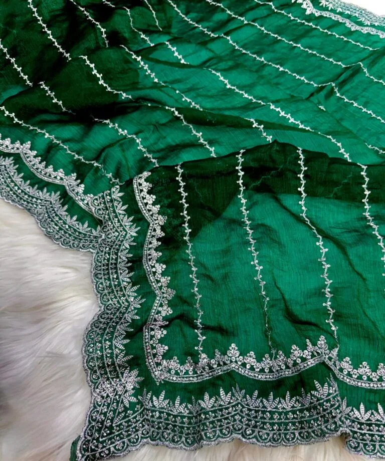 Elegant Dark Green Satin Georgette Party Saree with Hand Embellished Stonework and Matching Blouse Piece Designer Festive Wedding Ethnic Saree India image 1
