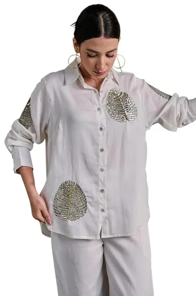 Women’s Cotton Tunic & Straight Suit Set | Collar Neck, Full Sleeves Office Wear Co-Ord Set | White L thumbnail 0