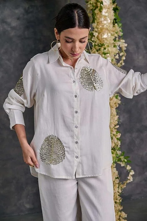 Women’s Cotton Tunic & Straight Suit Set | Collar Neck, Full Sleeves Office Wear Co-Ord Set | White L image 2
