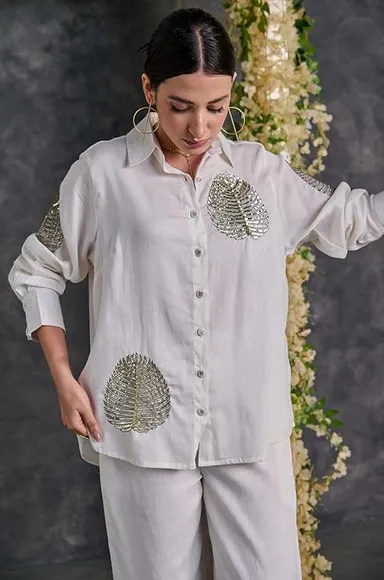 Women’s Cotton Tunic & Straight Suit Set | Collar Neck, Full Sleeves Office Wear Co-Ord Set | White L thumbnail 1