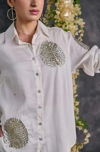 Women’s Cotton Tunic & Straight Suit Set | Collar Neck, Full Sleeves Office Wear Co-Ord Set | White L thumbnail 3