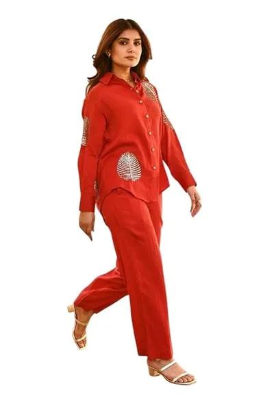 Red Cotton Office Wear Co-Ord Set for Women| Collar Neck Tunic Top & Straight Pants | M Size Formal Full Sleeves Suit thumbnail 0