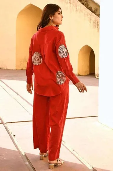 Red Cotton Office Wear Co-Ord Set for Women| Collar Neck Tunic Top & Straight Pants | M Size Formal Full Sleeves Suit thumbnail 2