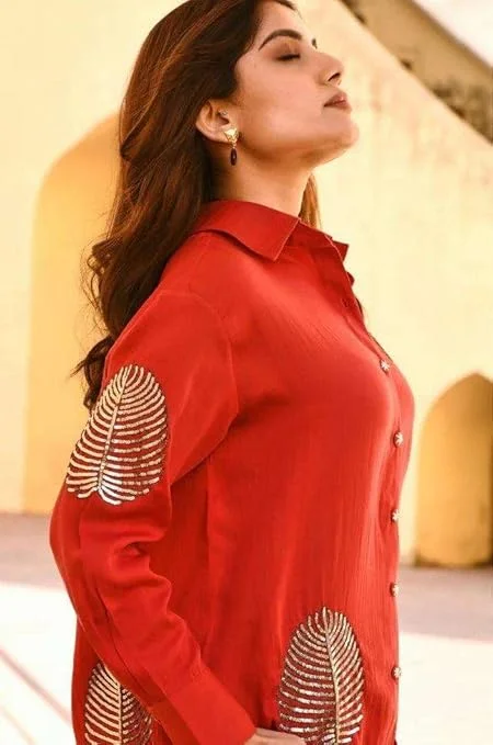 Red Cotton Office Wear Co-Ord Set for Women| Collar Neck Tunic Top & Straight Pants | M Size Formal Full Sleeves Suit image 4
