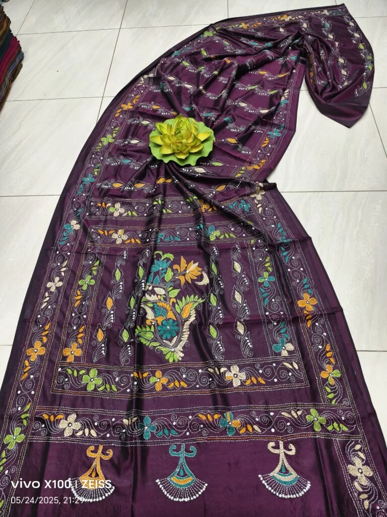 Deep Purple Assam Silk Saree with Multicolour Handcrafted Kantha Embroidery Festive Ethnic Wear Bridal Silk Drape Traditional Indian Saree image 1