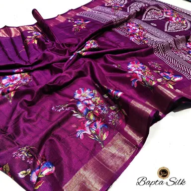 Deep Purple Handcrafted Silk Saree Digital Floral Print with Matching Blouse Elegant Traditional Indian Wedding Festival Bridal Ethnic Wear thumbnail 0