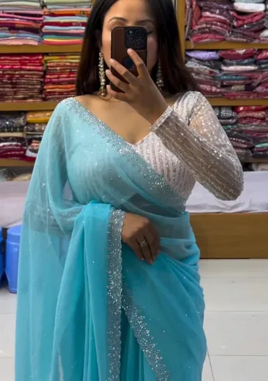 Light Firozi Pure Chiffon Saree with Matching Blouse Piece | Lightweight Handcrafted Summer Wedding Saree for Day Functions Festive Wear thumbnail 0