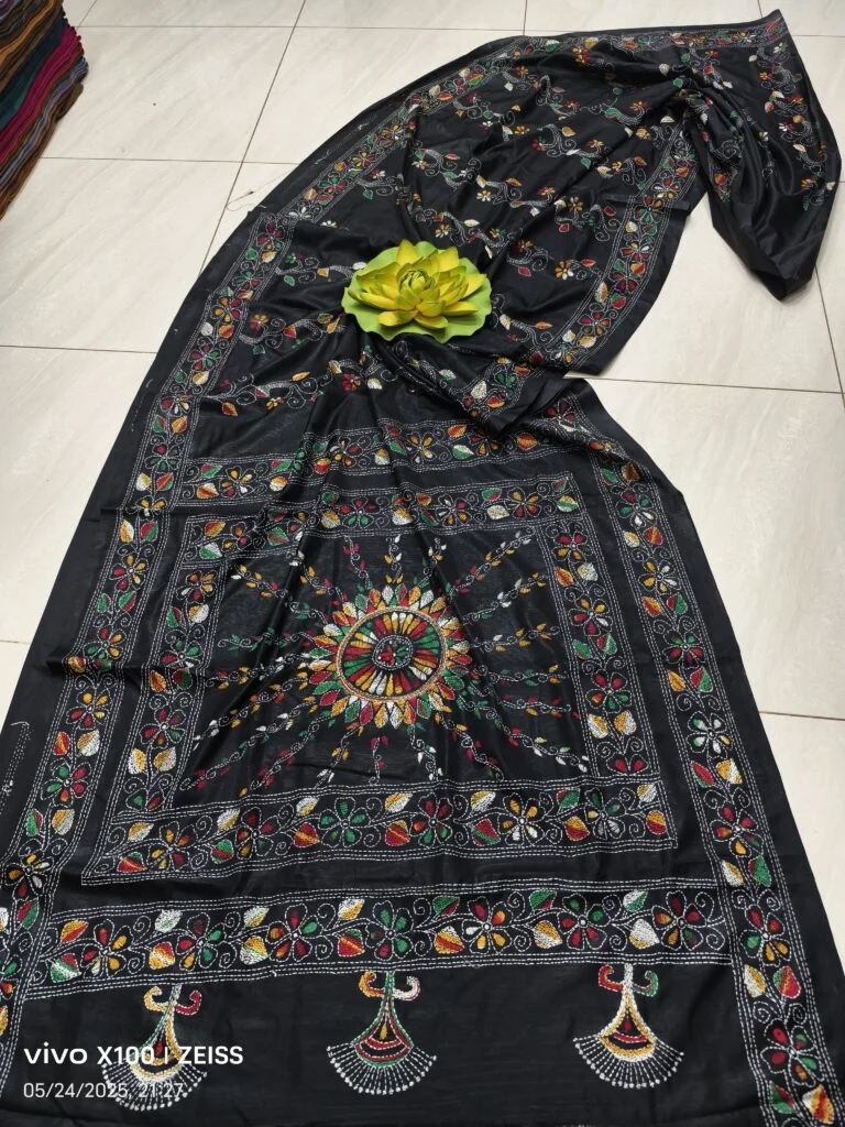 Premium Handcrafted Black Assam Silk Saree with Rainbow Kantha Embroidery for Wedding Festive Wear Traditional Indian Ethnic Silk Saree with Artistic Hand Embroidered Detailing image 1