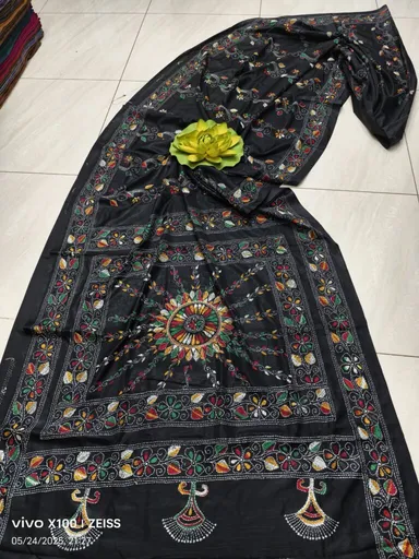 Premium Handcrafted Black Assam Silk Saree with Rainbow Kantha Embroidery for Wedding Festive Wear Traditional Indian Ethnic Silk Saree with Artistic Hand Embroidered Detailing thumbnail 0