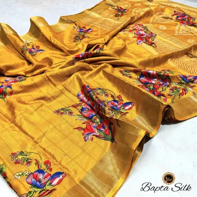 Handcrafted Mustard Bapta Silk Saree with Digital Floral Print, Free Size, Matching Blouse Piece, Elegant Traditional Indian Ethnic Wedding Festive Wear Saree thumbnail 0