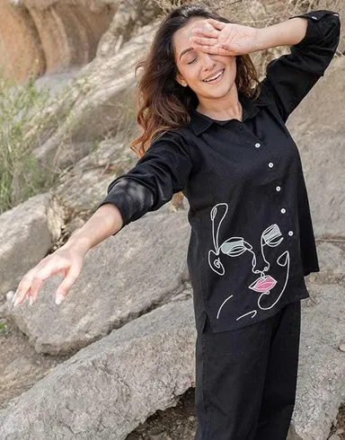Little Crafts | Cotton Embroidery Co‑Ord Set Black M | Women’s Fancy Pant Top Set Casual Summer thumbnail 1