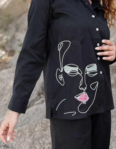 Little Crafts | Cotton Embroidery Co‑Ord Set Black M | Women’s Fancy Pant Top Set Casual Summer thumbnail 3