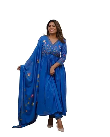 Little Crafts | Embroidered Cotton Anarkali Set in Blue‑XL | Long Kurti Pant Dupatta thumbnail 0