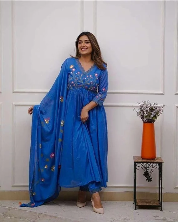 Little Crafts | Embroidered Cotton Anarkali Set in Blue‑XL | Long Kurti Pant Dupatta image 2