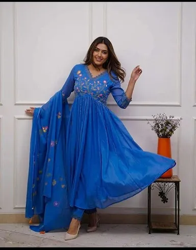 Little Crafts | Embroidered Cotton Anarkali Set in Blue‑XL | Long Kurti Pant Dupatta thumbnail 2