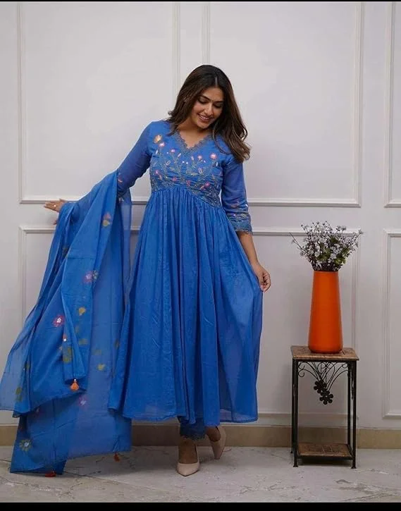 Little Crafts | Embroidered Cotton Anarkali Set in Blue‑XL | Long Kurti Pant Dupatta image 4