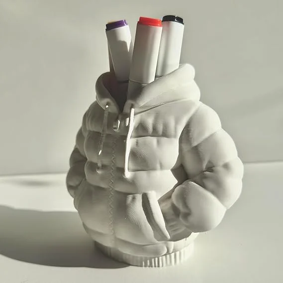 3D Printed White Puffer Jacket Pen Holder | Designer Desk Organizer for Office Table | Quirky Stationery Holder Gift image 3
