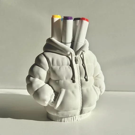 3D Printed White Puffer Jacket Pen Holder | Designer Desk Organizer for Office Table | Quirky Stationery Holder Gift image 1