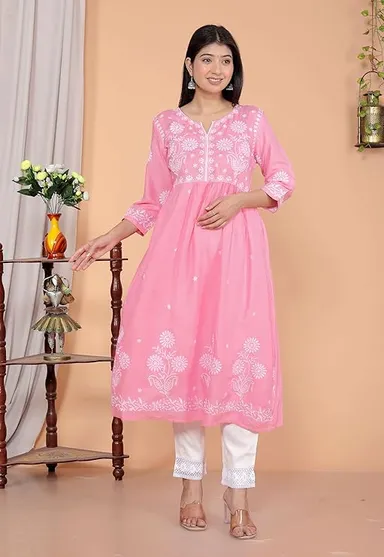 Rayon Anarkali Kurti Set for Women | Embroidered V-Cut Collar | Pink XL | Festive Wear Ethnic Outfit thumbnail 0