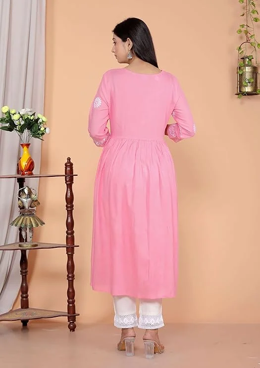Rayon Anarkali Kurti Set for Women | Embroidered V-Cut Collar | Pink XL | Festive Wear Ethnic Outfit image 2