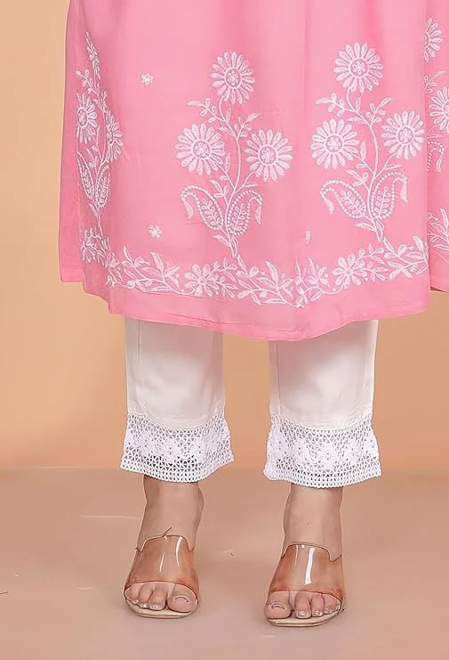 Rayon Anarkali Kurti Set for Women | Embroidered V-Cut Collar | Pink XL | Festive Wear Ethnic Outfit image 3