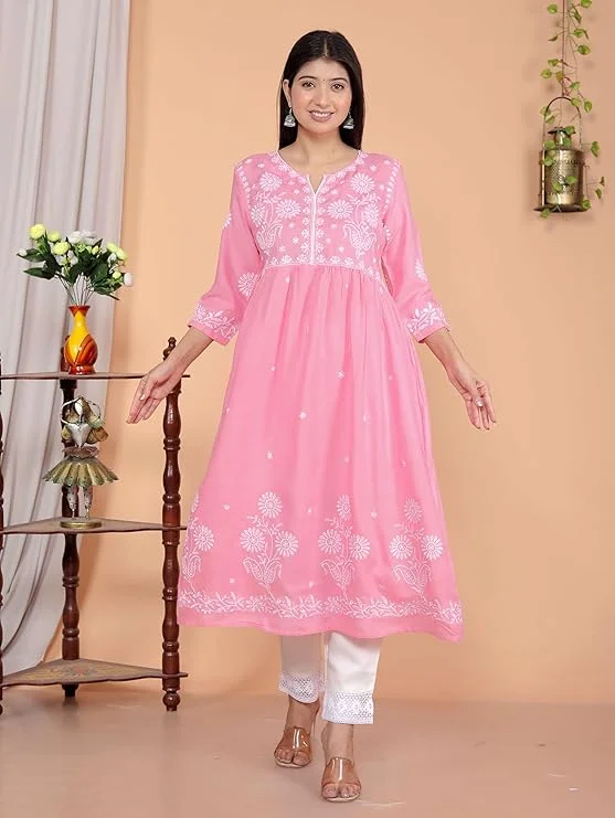 Rayon Anarkali Kurti Set for Women | Embroidered V-Cut Collar | Pink XL | Festive Wear Ethnic Outfit image 4