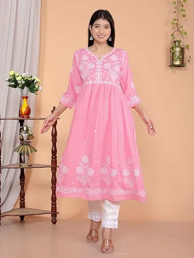 Rayon Anarkali Kurti Set for Women | Embroidered V-Cut Collar | Pink XL | Festive Wear Ethnic Outfit thumbnail 3