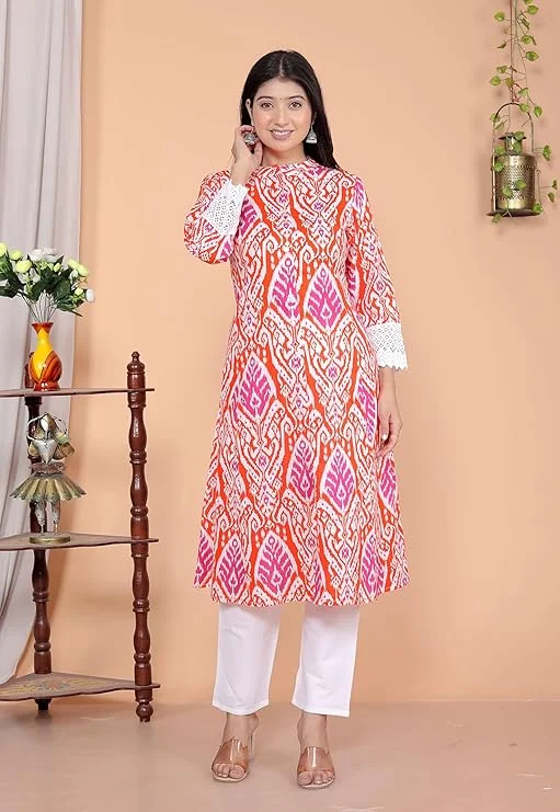 Little Crafts | Cotton Printed Mandarin Collar A‑Line Kurti & Pant (Orange XL) image 4