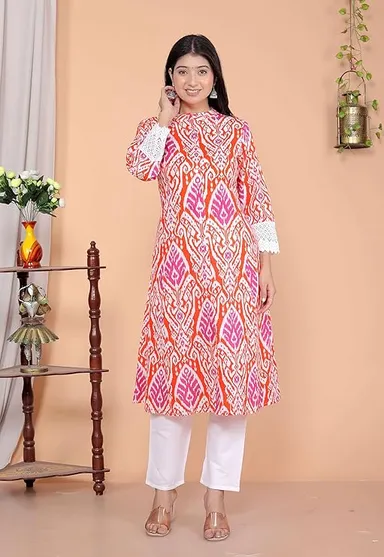 Little Crafts | Cotton Printed Mandarin Collar A‑Line Kurti & Pant (Orange XL) thumbnail 3