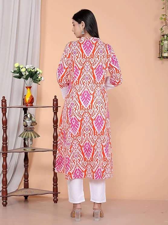 Little Crafts | Cotton Printed Mandarin Collar A‑Line Kurti & Pant (Orange XL) image 2