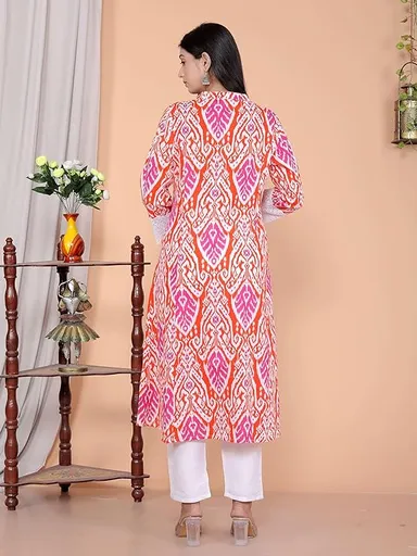 Little Crafts | Cotton Printed Mandarin Collar A‑Line Kurti & Pant (Orange XL) thumbnail 1