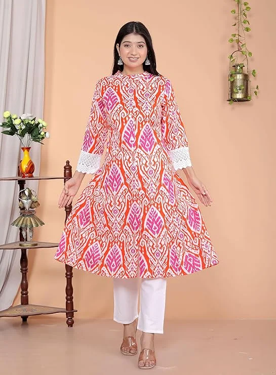 Little Crafts | Cotton Printed Mandarin Collar A‑Line Kurti & Pant (Orange XL) image 5