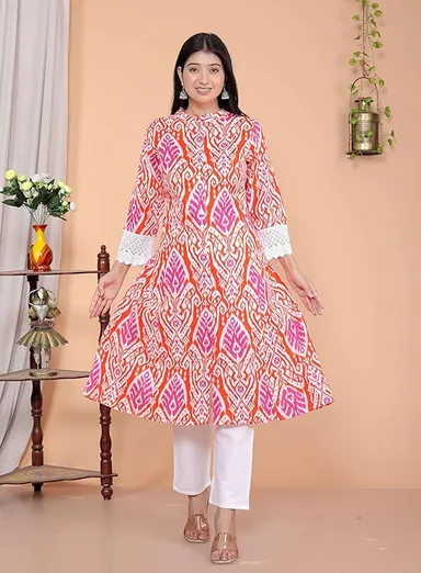 Little Crafts | Cotton Printed Mandarin Collar A‑Line Kurti & Pant (Orange XL) thumbnail 4