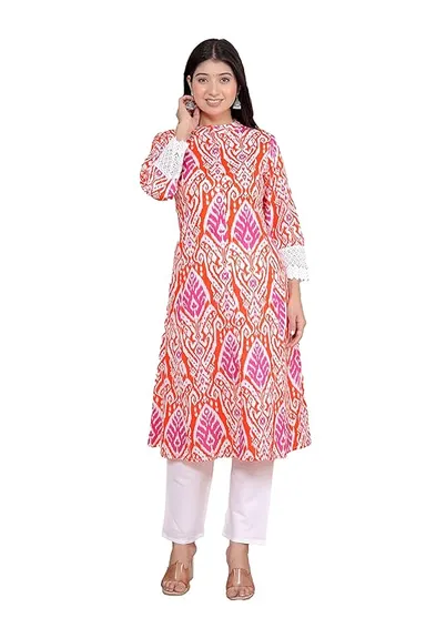 Little Crafts | Cotton Printed Mandarin Collar A‑Line Kurti & Pant (Orange XL) thumbnail 0