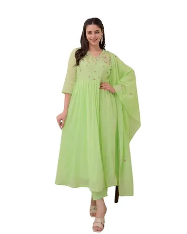 Little Crafts | Cotton Embroidered Anarkali Kurti Set | Pant Dupatta | Pear Green XL thumbnail 0