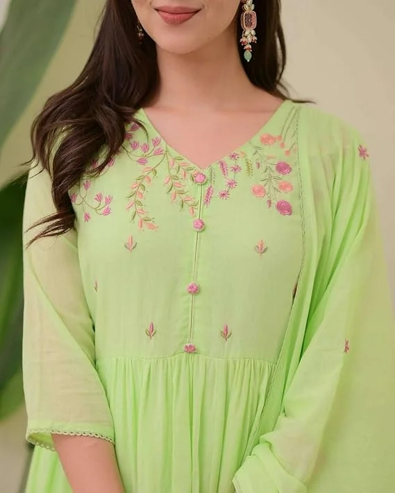 Little Crafts | Cotton Embroidered Anarkali Kurti Set | Pant Dupatta | Pear Green XL image 4