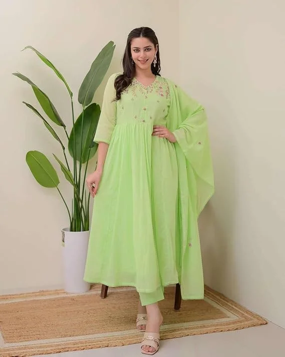 Little Crafts | Cotton Embroidered Anarkali Kurti Set | Pant Dupatta | Pear Green XL image 3