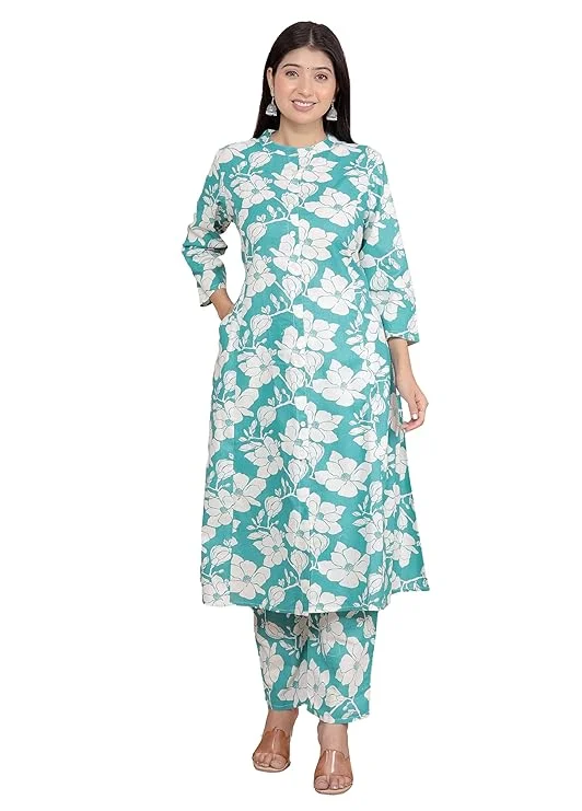 Little Crafts Cotton Floral Printed Mandarin Collar A-Line Kurti Pant Set | Sky Blue Medium | Comfortable Casual Wear image 1
