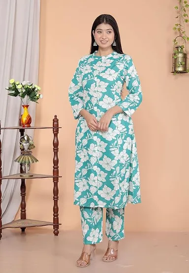 Little Crafts Cotton Floral Printed Mandarin Collar A-Line Kurti Pant Set | Sky Blue Medium | Comfortable Casual Wear thumbnail 1