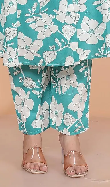 Little Crafts Cotton Floral Printed Mandarin Collar A-Line Kurti Pant Set | Sky Blue Medium | Comfortable Casual Wear thumbnail 2