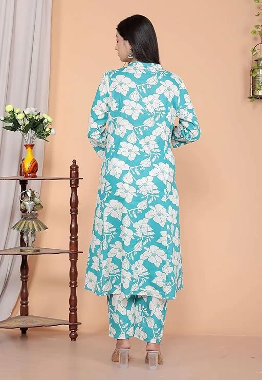 Little Crafts Cotton Floral Printed Mandarin Collar A-Line Kurti Pant Set | Sky Blue Medium | Comfortable Casual Wear image 4