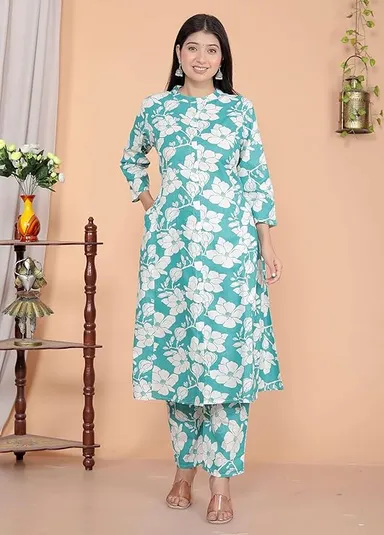 Little Crafts Cotton Floral Printed Mandarin Collar A-Line Kurti Pant Set | Sky Blue Medium | Comfortable Casual Wear thumbnail 4